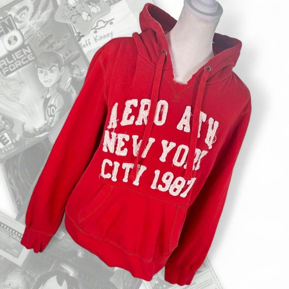 Aeropostale Vintage Y2K Red Graphic Embroidered Distressed Hoodie Sweatshirt L